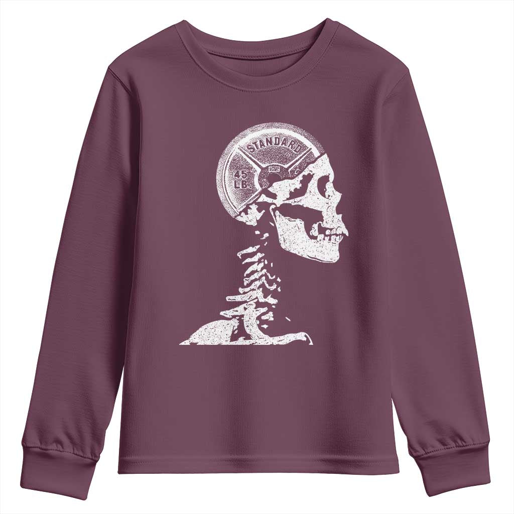 Funny Skeleton 45 lbs Plate Weight Lifting Gym Working Out Youth Sweatshirt TS11 Maroon Print Your Wear