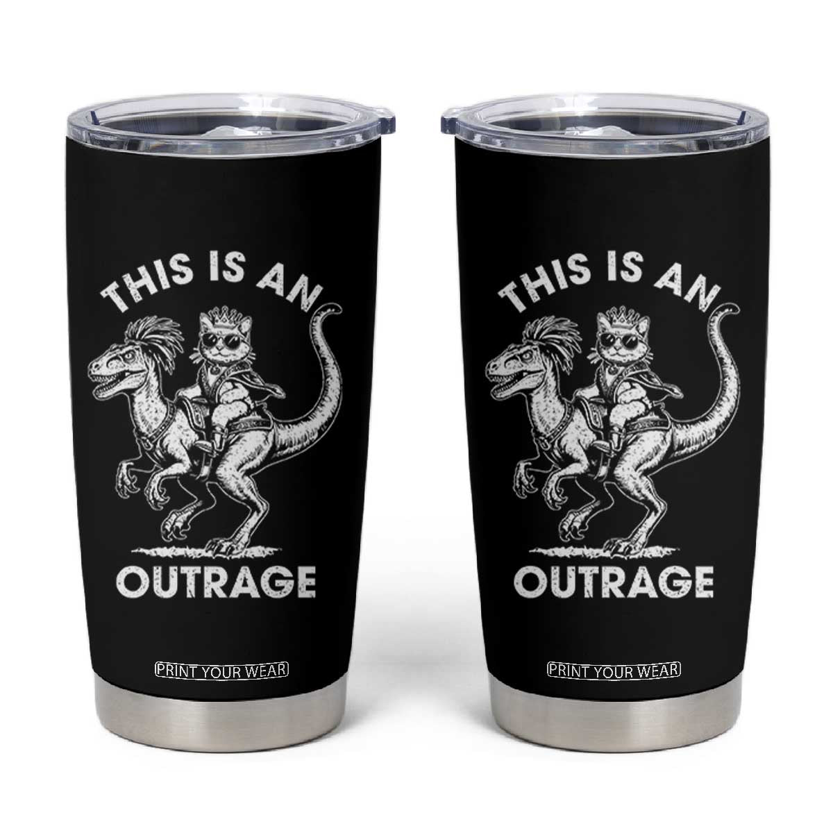 Dungeon Cat This Is An Outrage Tumbler Cup Funny Princess Cat Riding Dinosaur TS11 Black Print Your Wear