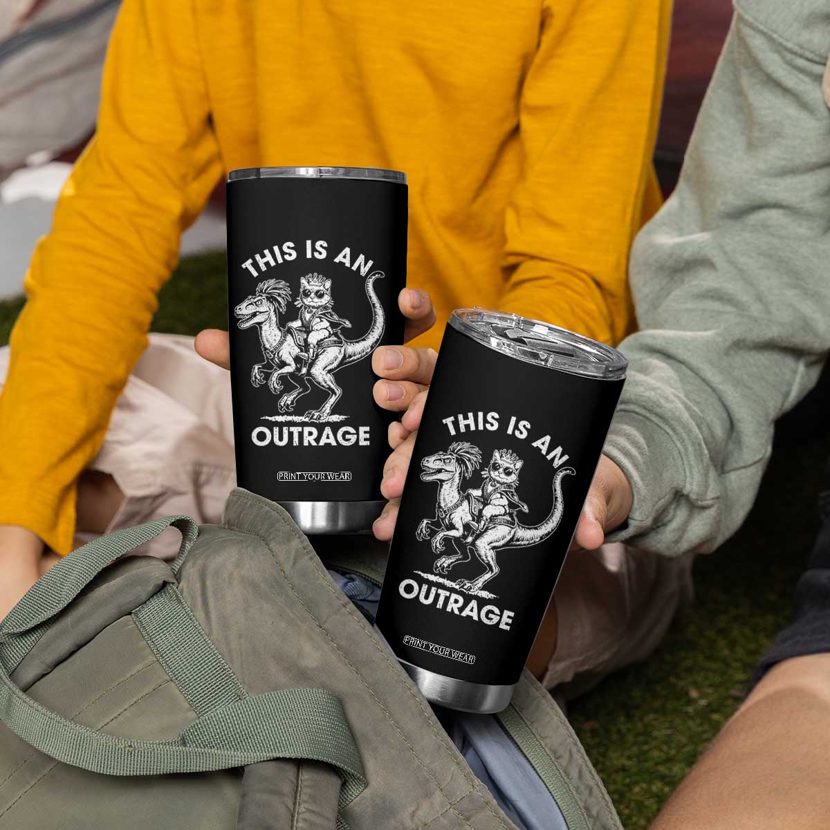 Dungeon Cat This Is An Outrage Tumbler Cup Funny Princess Cat Riding Dinosaur TS11 Print Your Wear