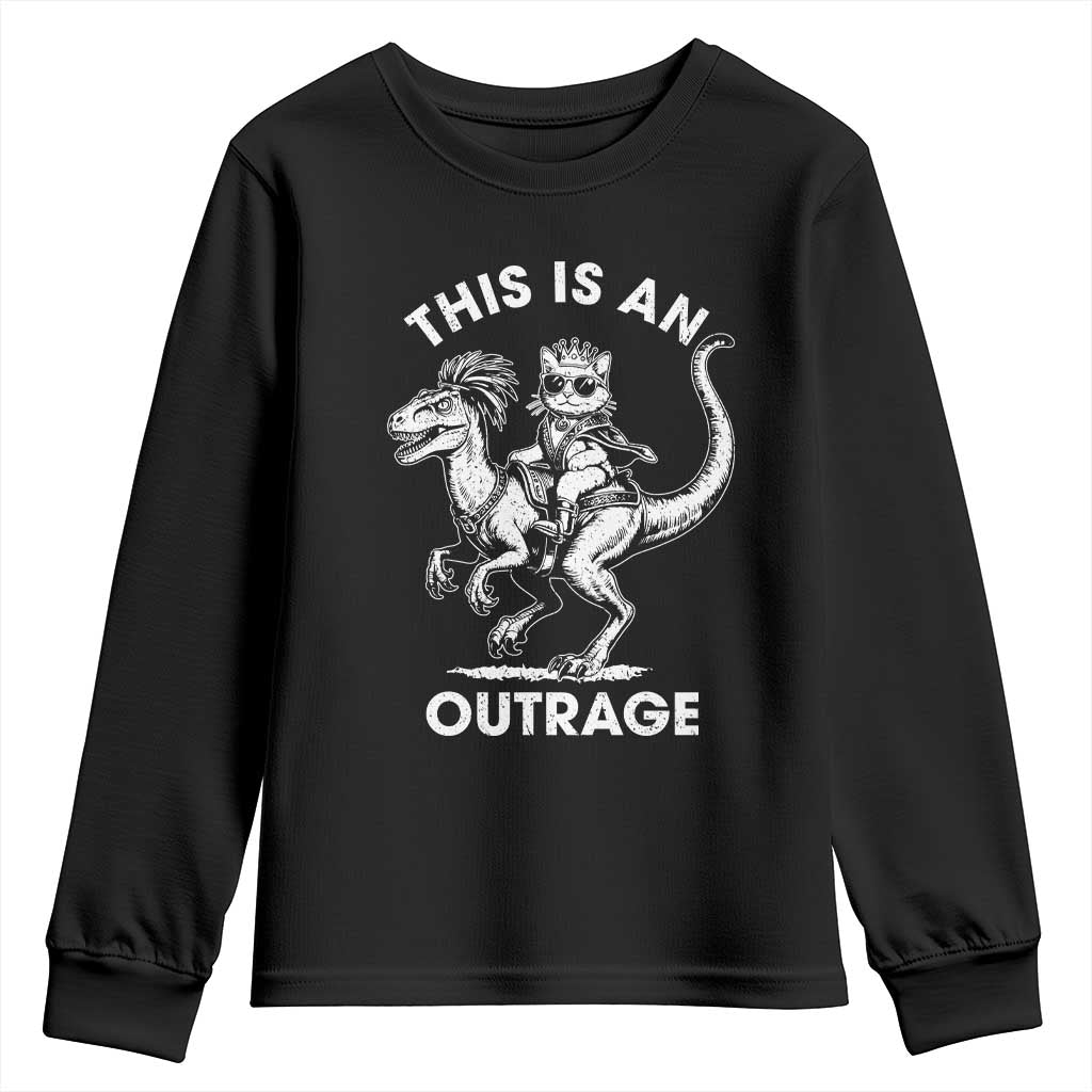 Dungeon Cat This Is An Outrage Youth Sweatshirt Funny Princess Cat Riding Dinosaur TS11 Black Print Your Wear