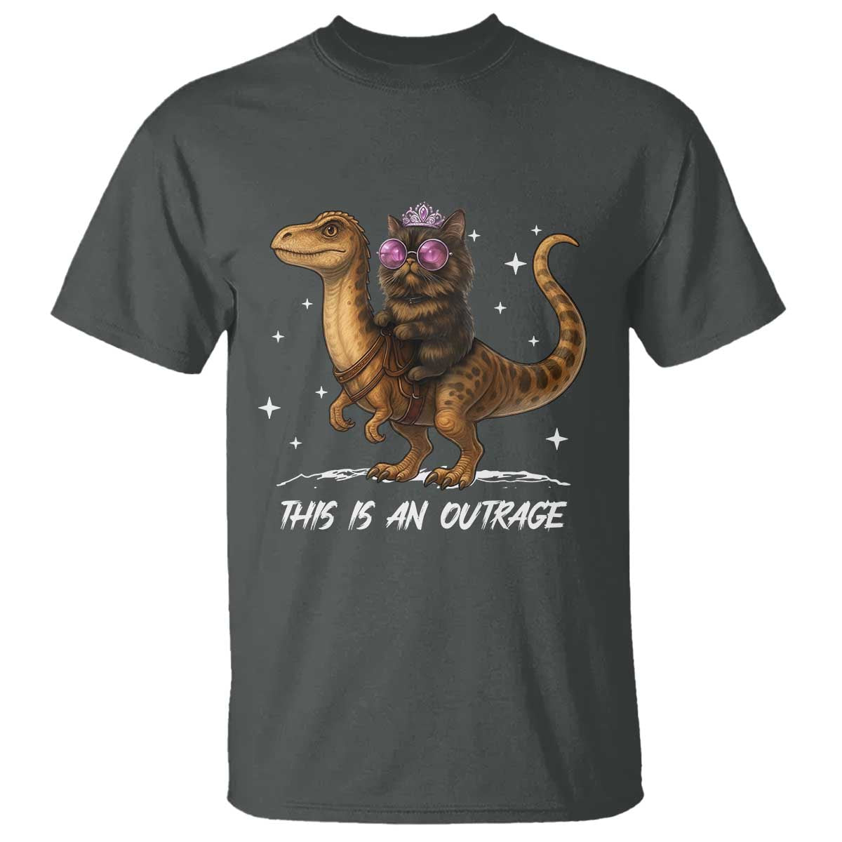 Dungeon Cat This Is An Outrage T Shirt Funny Princess Kitten Dinosaur TS11 Dark Heather Print Your Wear