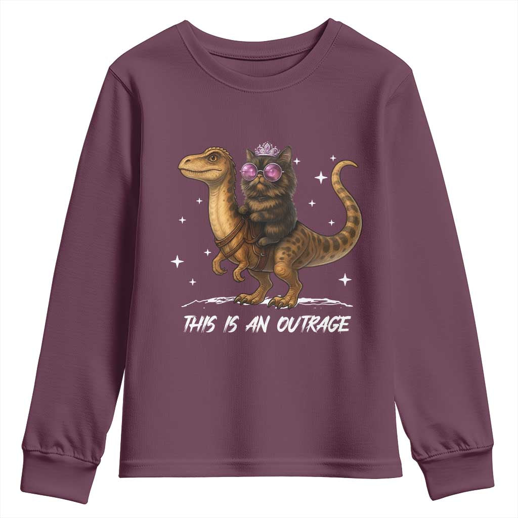 Dungeon Cat This Is An Outrage Youth Sweatshirt Funny Princess Kitten Dinosaur TS11 Maroon Print Your Wear