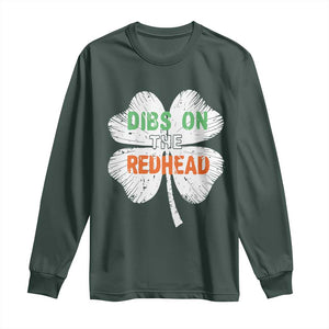 Funny Irish St Patrick's Day Dibs On The Redhead Long Sleeve Shirt Vintage Clover Shamrock TS11 Dark Forest Green Print Your Wear