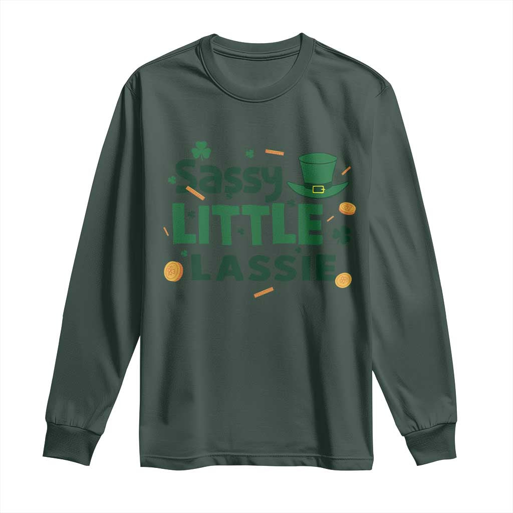 Funny St Patrick's Day Sassy Little Lassie Long Sleeve Shirt Shamrock TS11 Dark Forest Green Print Your Wear