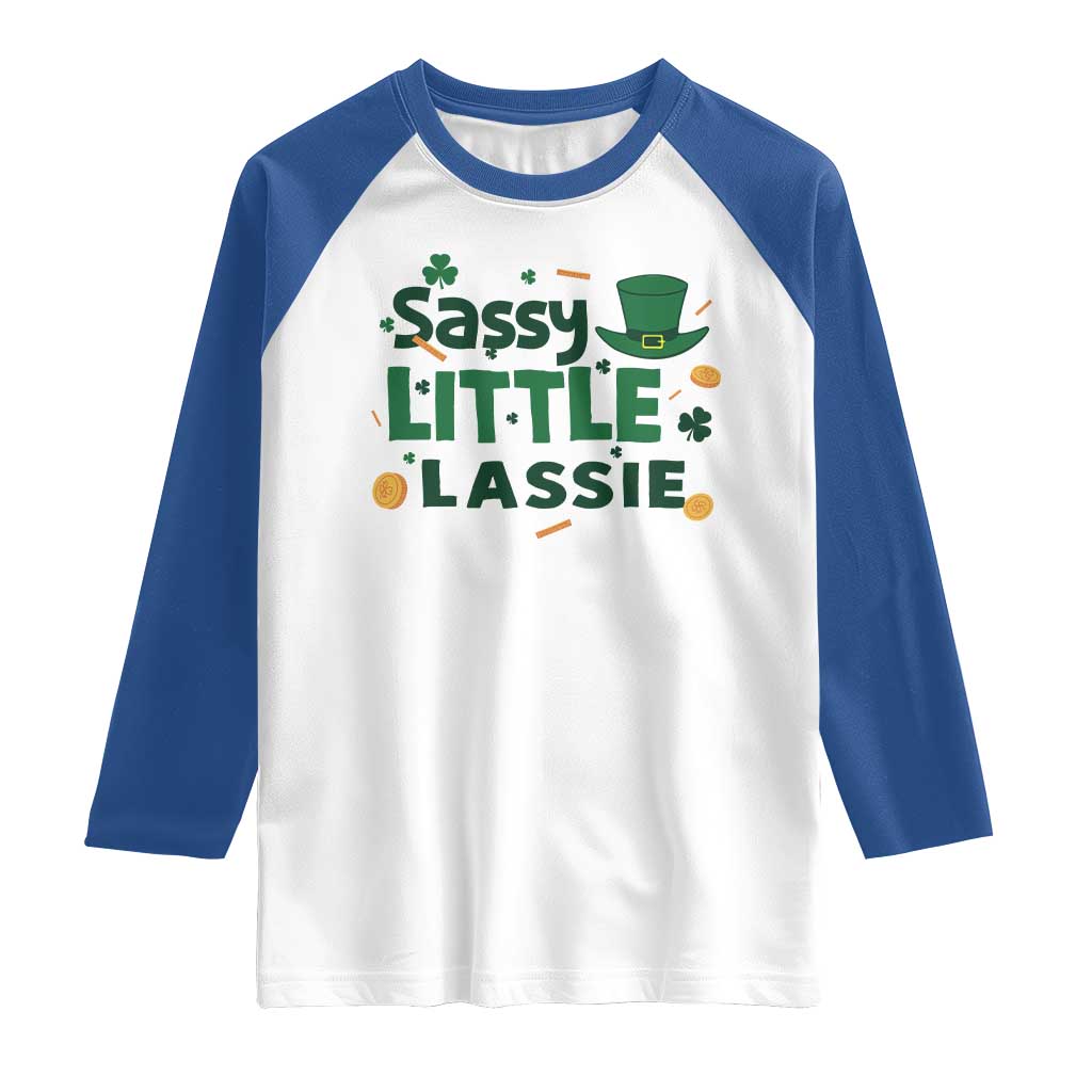 Funny St Patrick's Day Sassy Little Lassie Raglan Shirt Shamrock TS11 White Royal Print Your Wear