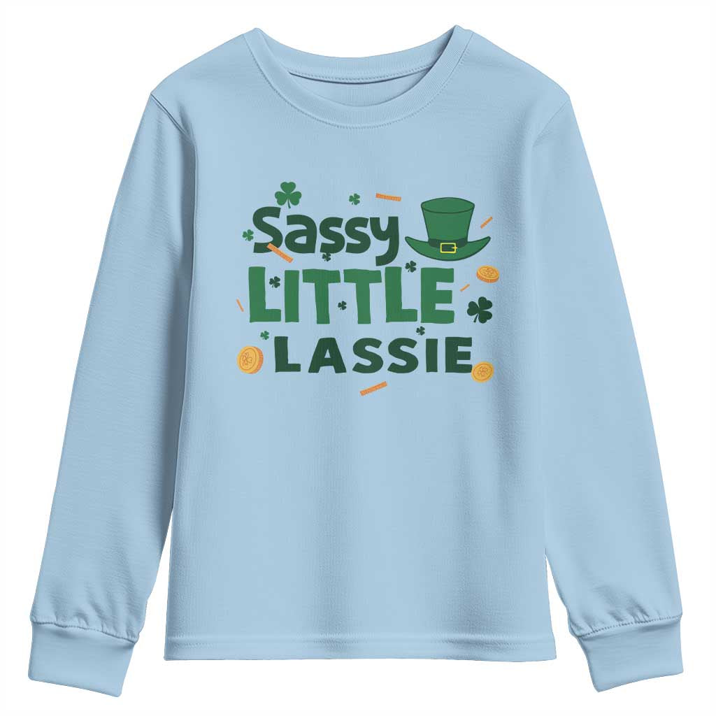 Funny St Patrick's Day Sassy Little Lassie Youth Sweatshirt Shamrock TS11 Light Blue Print Your Wear