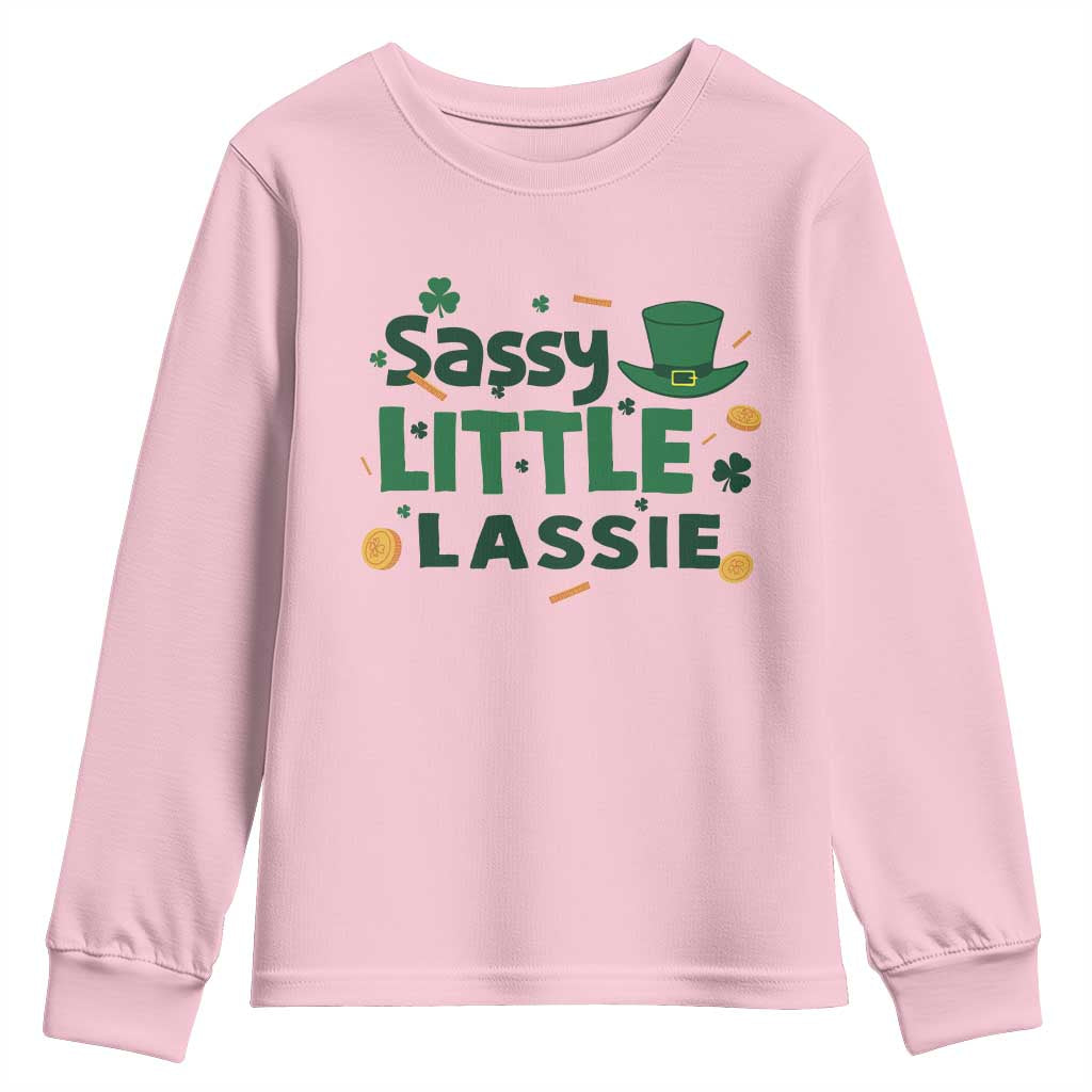 Funny St Patrick's Day Sassy Little Lassie Youth Sweatshirt Shamrock TS11 Light Pink Print Your Wear
