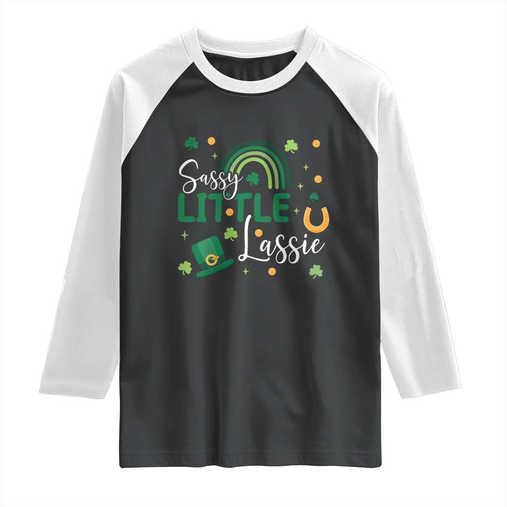 Funny Sassy Little Lassie Raglan Shirt St Patrick's Day Shamrock Rainbow TS11 Black White Print Your Wear