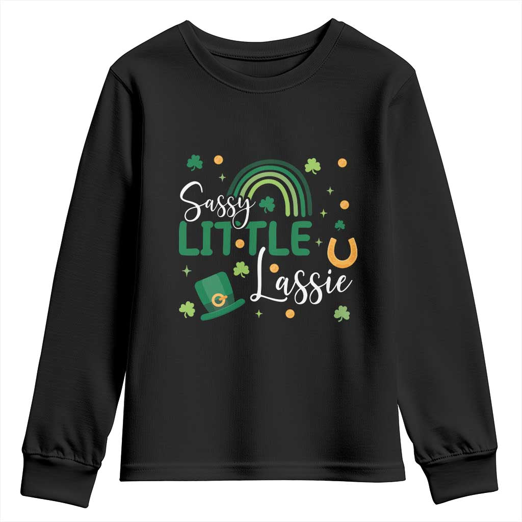 Funny Sassy Little Lassie Youth Sweatshirt St Patrick's Day Shamrock Rainbow TS11 Black Print Your Wear