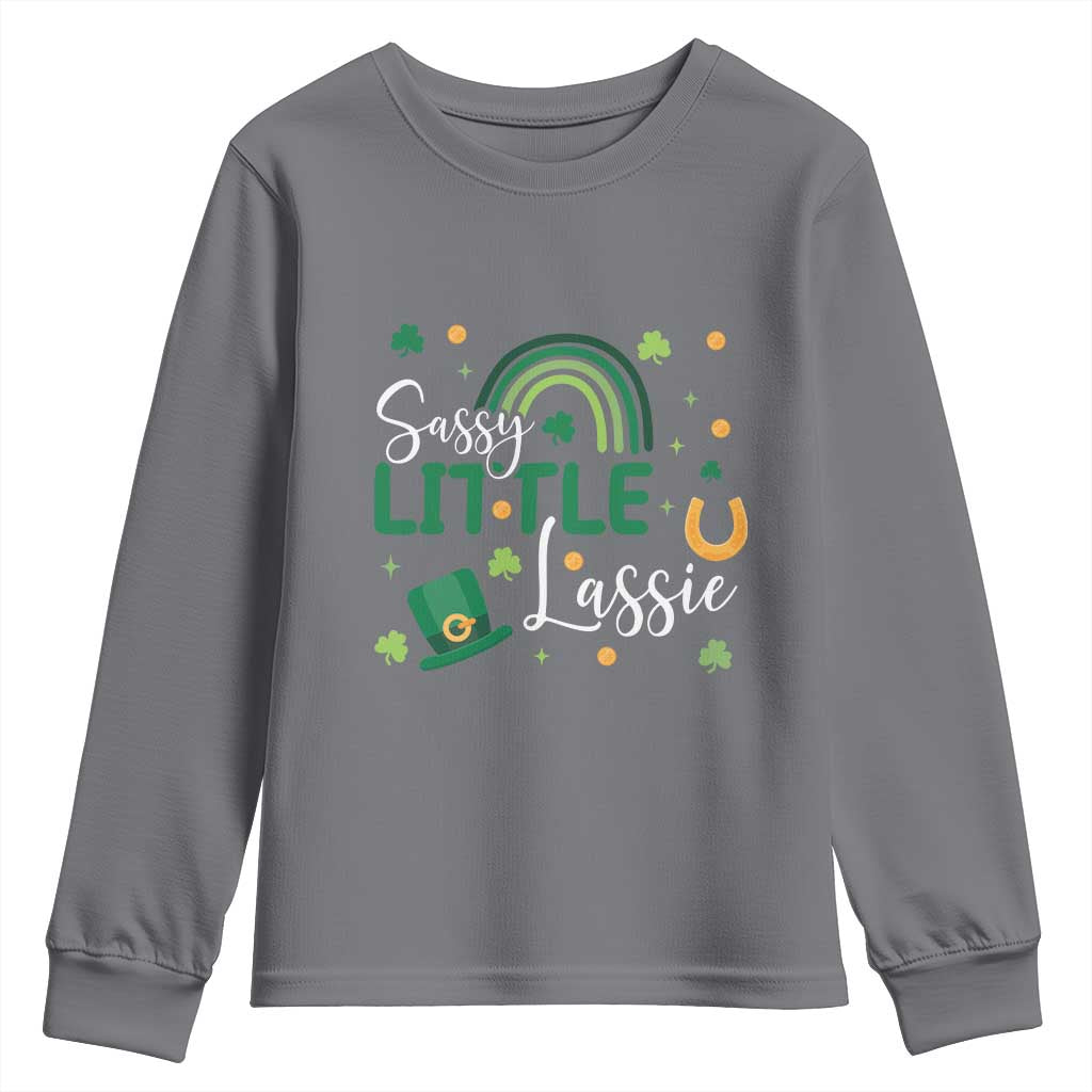 Funny Sassy Little Lassie Youth Sweatshirt St Patrick's Day Shamrock Rainbow TS11 Charcoal Print Your Wear