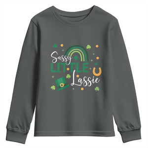 Funny Sassy Little Lassie Youth Sweatshirt St Patrick's Day Shamrock Rainbow TS11 Dark Heather Print Your Wear
