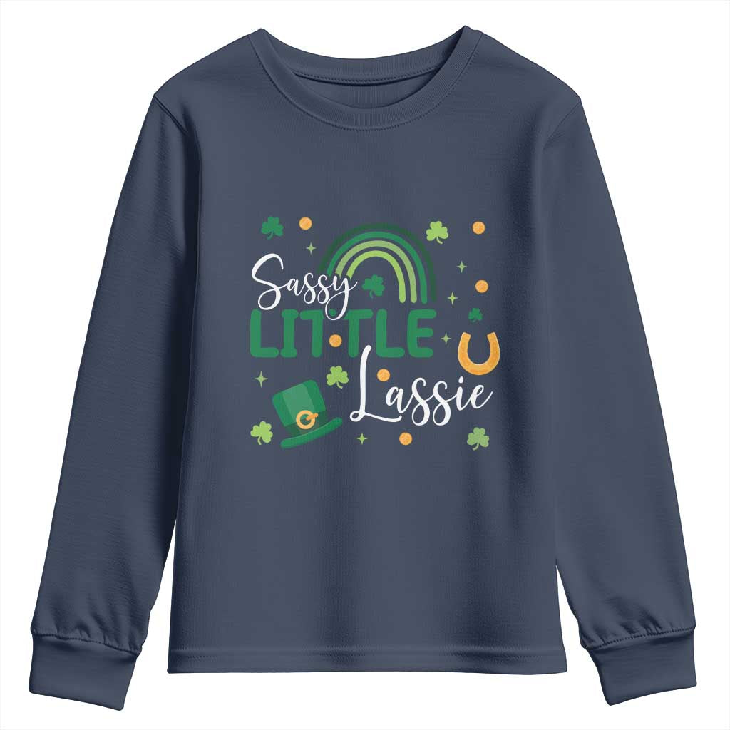 Funny Sassy Little Lassie Youth Sweatshirt St Patrick's Day Shamrock Rainbow TS11 Navy Print Your Wear