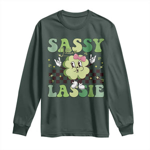 Funny St Patrick's Day Sassy Little Lassie Long Sleeve Shirt Retro Groovy Clover TS11 Dark Forest Green Print Your Wear