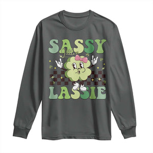 Funny St Patrick's Day Sassy Little Lassie Long Sleeve Shirt Retro Groovy Clover TS11 Dark Heather Print Your Wear