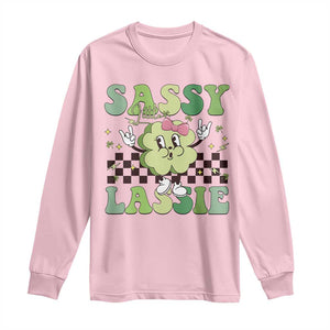 Funny St Patrick's Day Sassy Little Lassie Long Sleeve Shirt Retro Groovy Clover TS11 Light Pink Print Your Wear