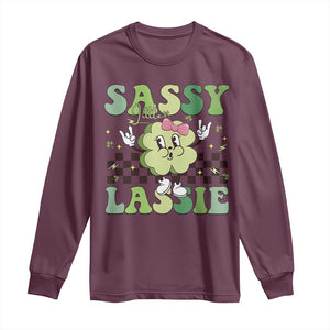 Funny St Patrick's Day Sassy Little Lassie Long Sleeve Shirt Retro Groovy Clover TS11 Maroon Print Your Wear