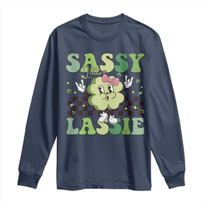 Funny St Patrick's Day Sassy Little Lassie Long Sleeve Shirt Retro Groovy Clover TS11 Navy Print Your Wear