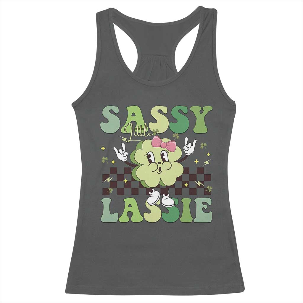 Funny St Patrick's Day Sassy Little Lassie Racerback Tank Top Retro Groovy Clover TS11 Dark Heather Print Your Wear