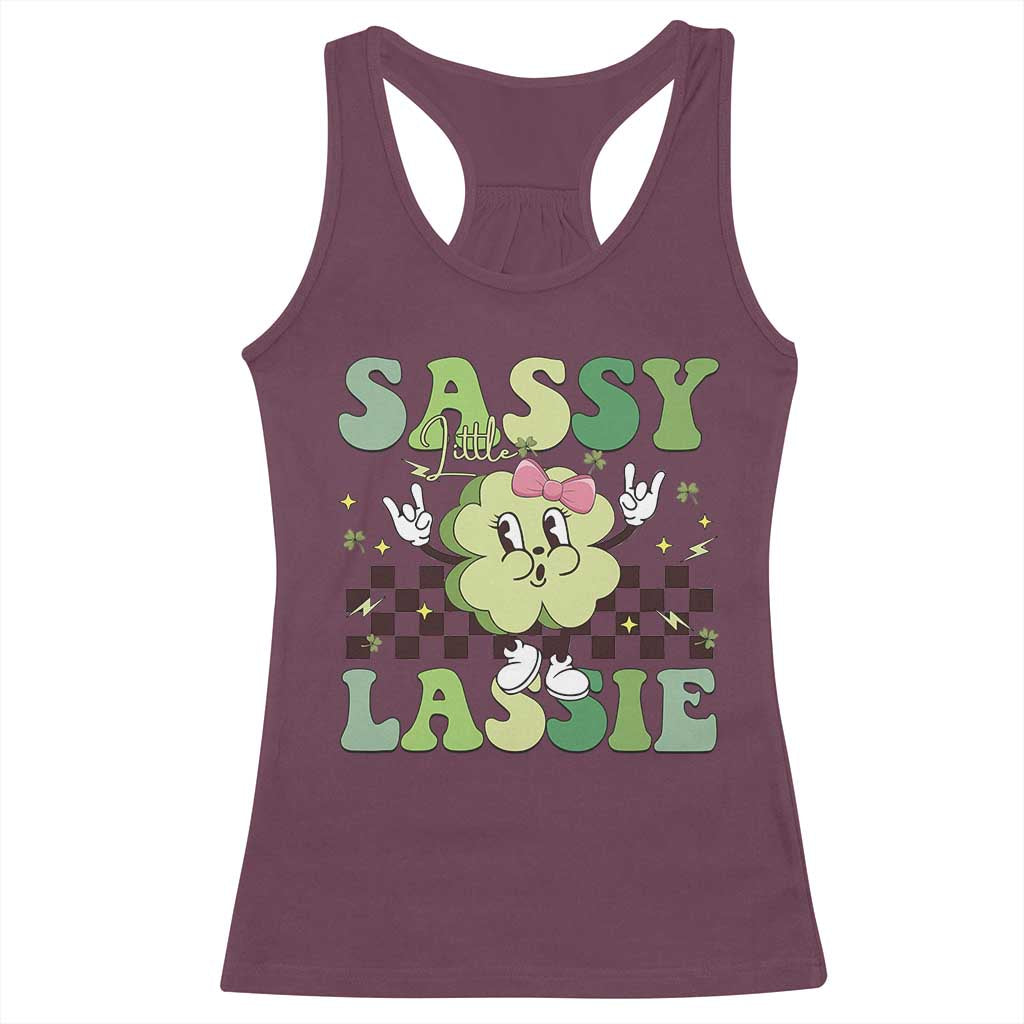 Funny St Patrick's Day Sassy Little Lassie Racerback Tank Top Retro Groovy Clover TS11 Maroon Print Your Wear