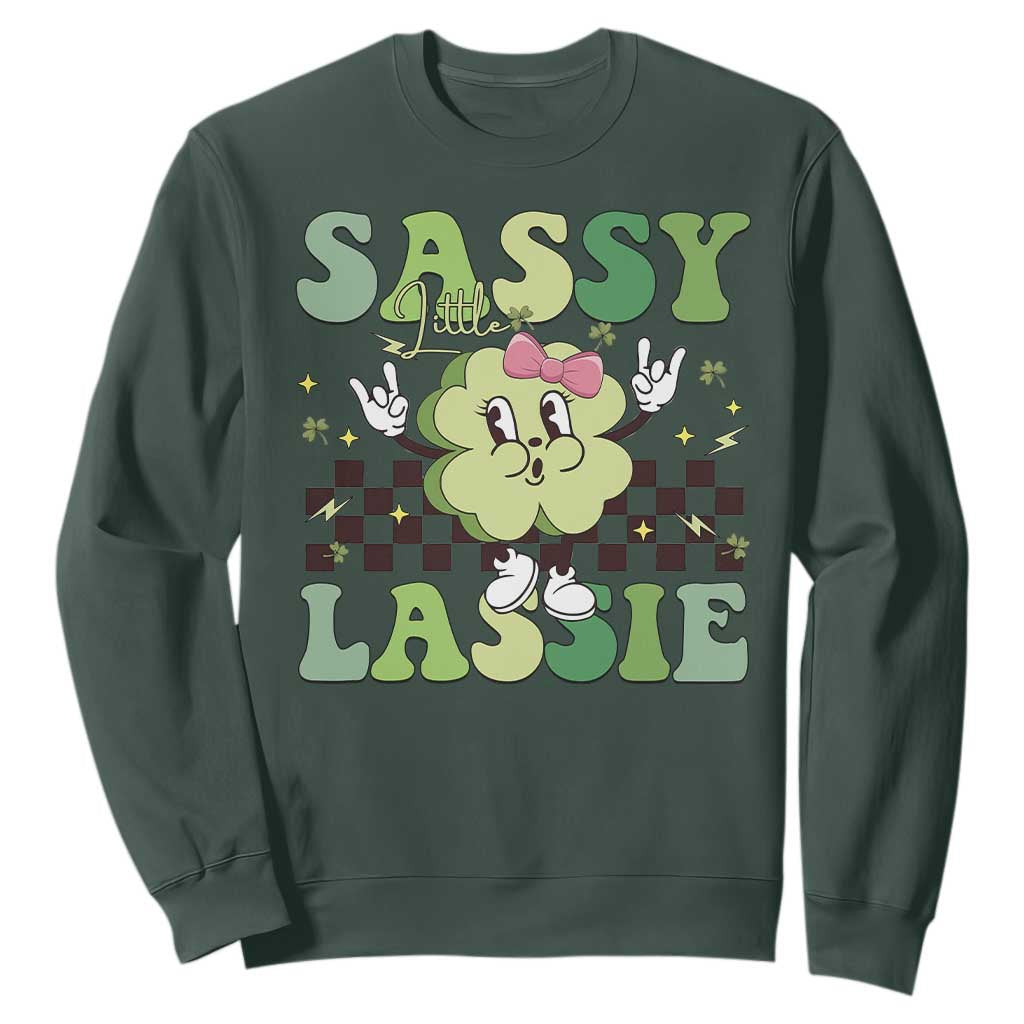 Funny St Patrick's Day Sassy Little Lassie Sweatshirt Retro Groovy Clover TS11 Dark Forest Green Print Your Wear