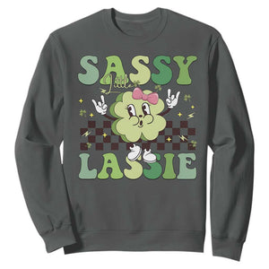 Funny St Patrick's Day Sassy Little Lassie Sweatshirt Retro Groovy Clover TS11 Dark Heather Print Your Wear