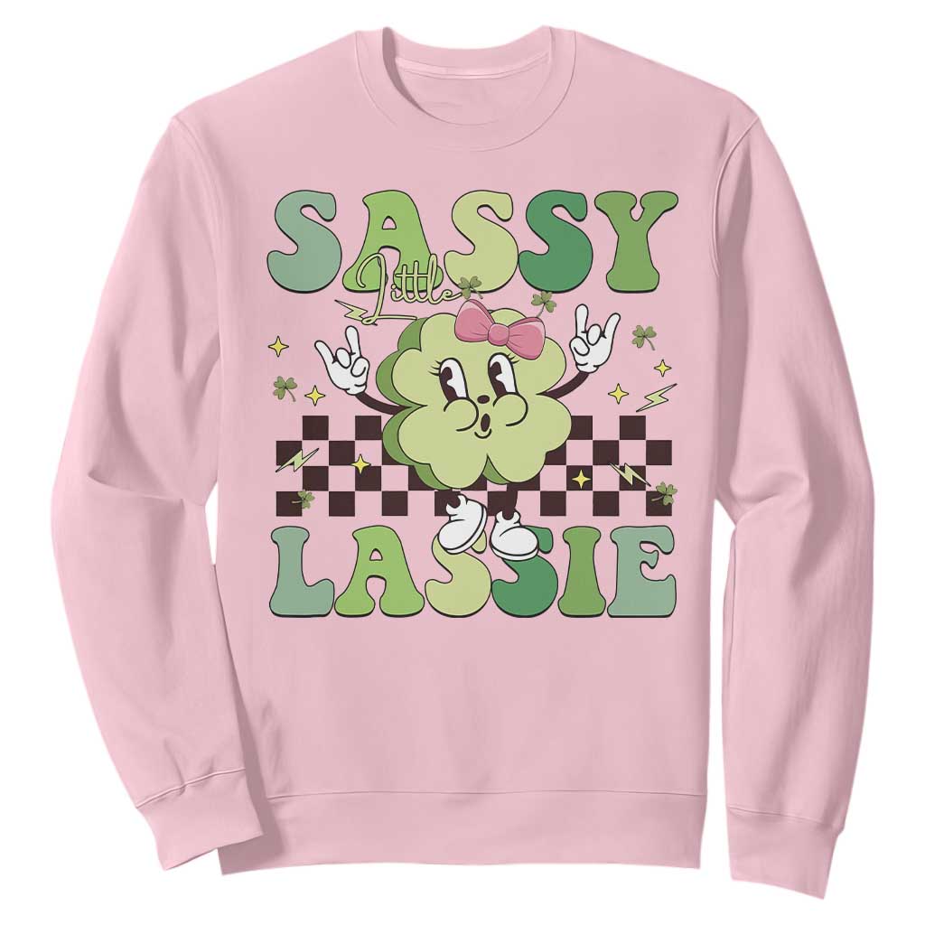 Funny St Patrick's Day Sassy Little Lassie Sweatshirt Retro Groovy Clover TS11 Light Pink Print Your Wear