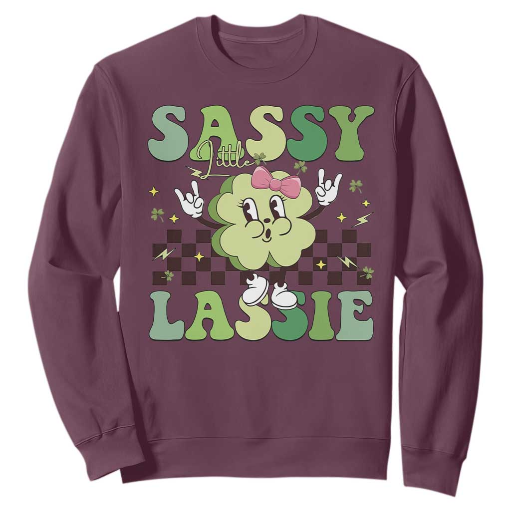 Funny St Patrick's Day Sassy Little Lassie Sweatshirt Retro Groovy Clover TS11 Maroon Print Your Wear