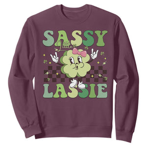 Funny St Patrick's Day Sassy Little Lassie Sweatshirt Retro Groovy Clover TS11 Maroon Print Your Wear