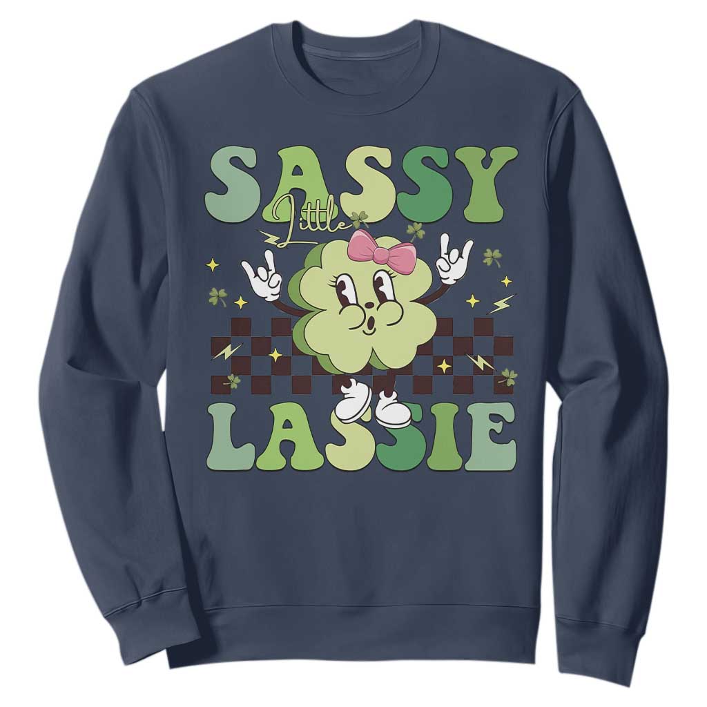 Funny St Patrick's Day Sassy Little Lassie Sweatshirt Retro Groovy Clover TS11 Navy Print Your Wear