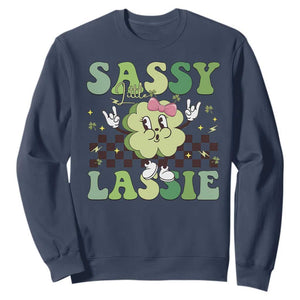 Funny St Patrick's Day Sassy Little Lassie Sweatshirt Retro Groovy Clover TS11 Navy Print Your Wear