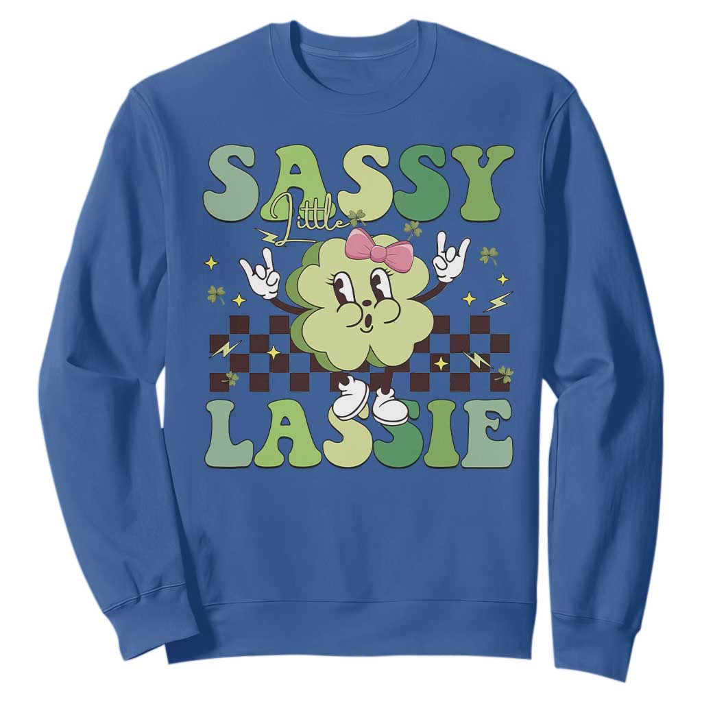 Funny St Patrick's Day Sassy Little Lassie Sweatshirt Retro Groovy Clover TS11 Royal Blue Print Your Wear
