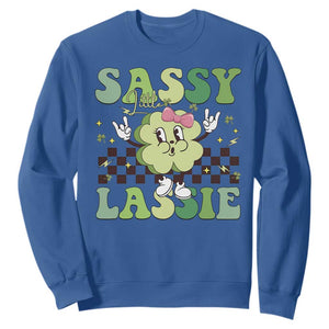 Funny St Patrick's Day Sassy Little Lassie Sweatshirt Retro Groovy Clover TS11 Royal Blue Print Your Wear