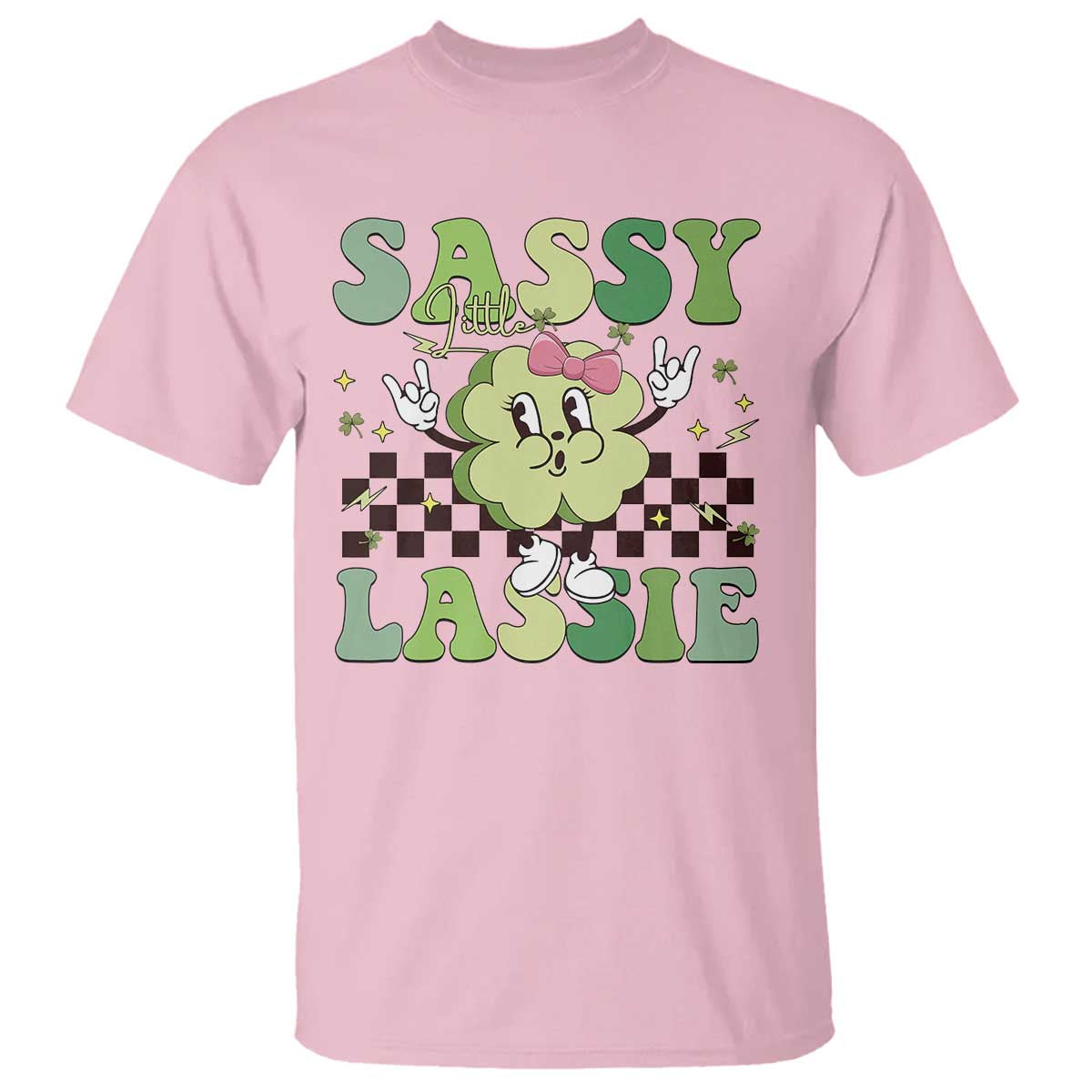 Funny St Patrick's Day Sassy Little Lassie T Shirt Retro Groovy Clover TS11 Light Pink Print Your Wear