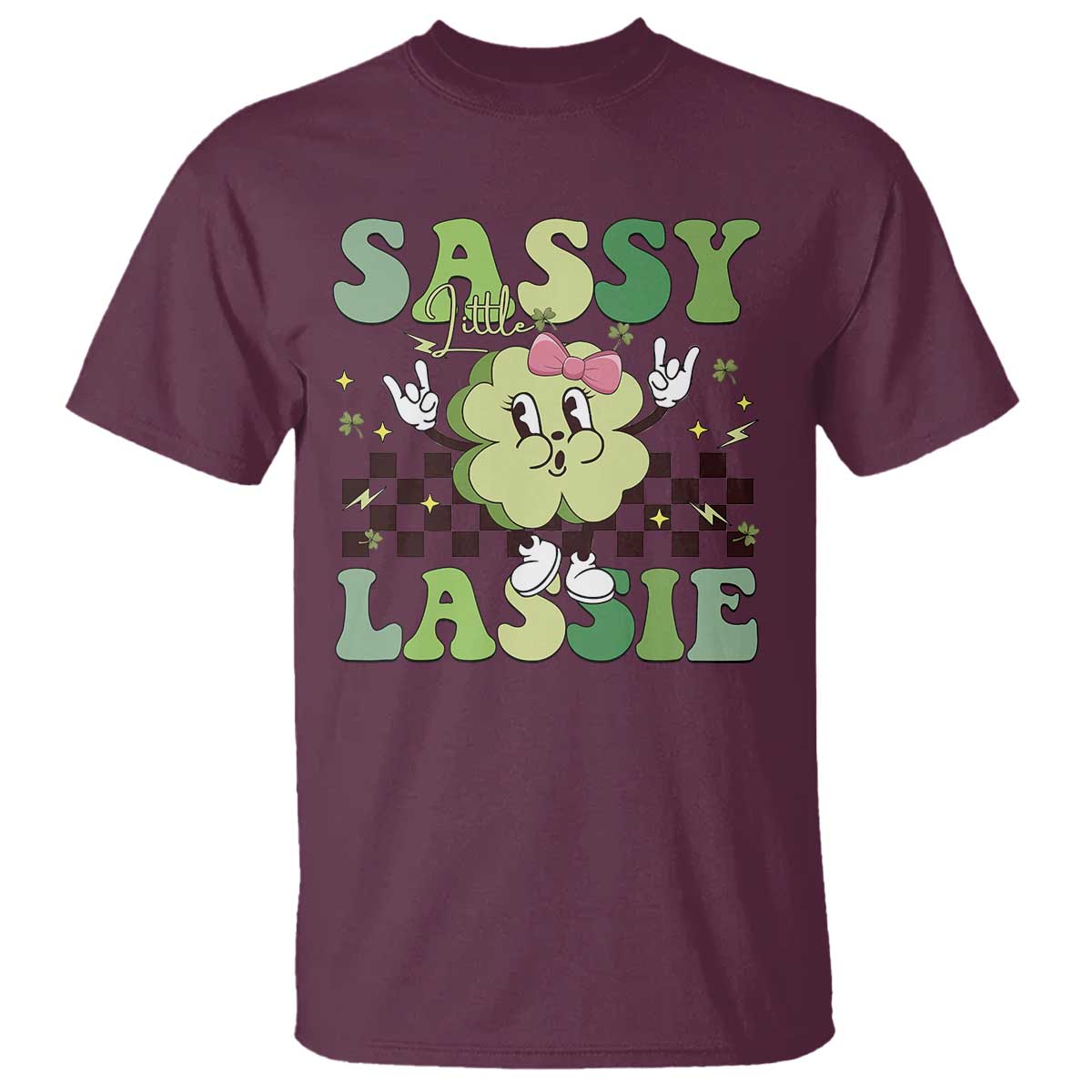 Funny St Patrick's Day Sassy Little Lassie T Shirt Retro Groovy Clover TS11 Maroon Print Your Wear
