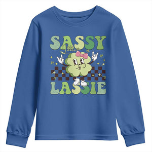 Funny St Patrick's Day Sassy Little Lassie Youth Sweatshirt Retro Groovy Clover TS11 Royal Blue Print Your Wear