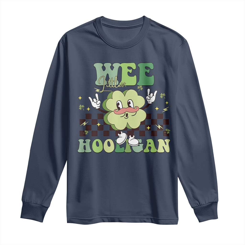 Funny St Patrick's Day Wee Little Hooligan Long Sleeve Shirt Retro Groovy Clover TS11 Navy Print Your Wear