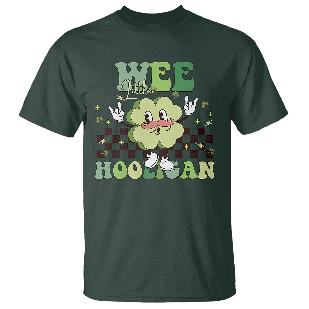 Funny St Patrick's Day Wee Little Hooligan T Shirt Retro Groovy Clover TS11 Dark Forest Green Print Your Wear