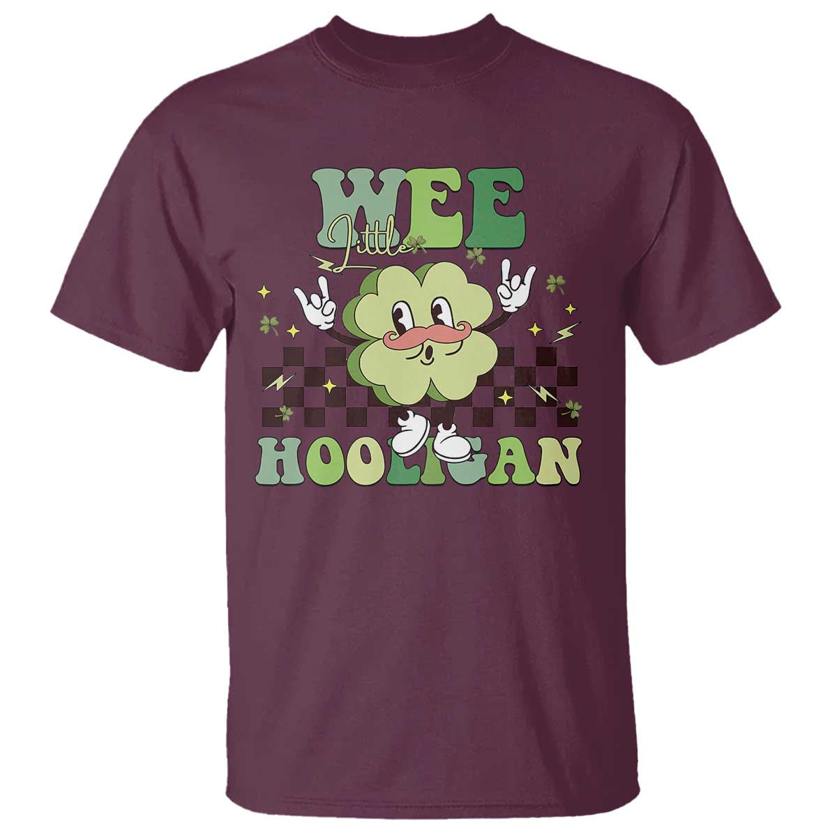 Funny St Patrick's Day Wee Little Hooligan T Shirt Retro Groovy Clover TS11 Maroon Print Your Wear