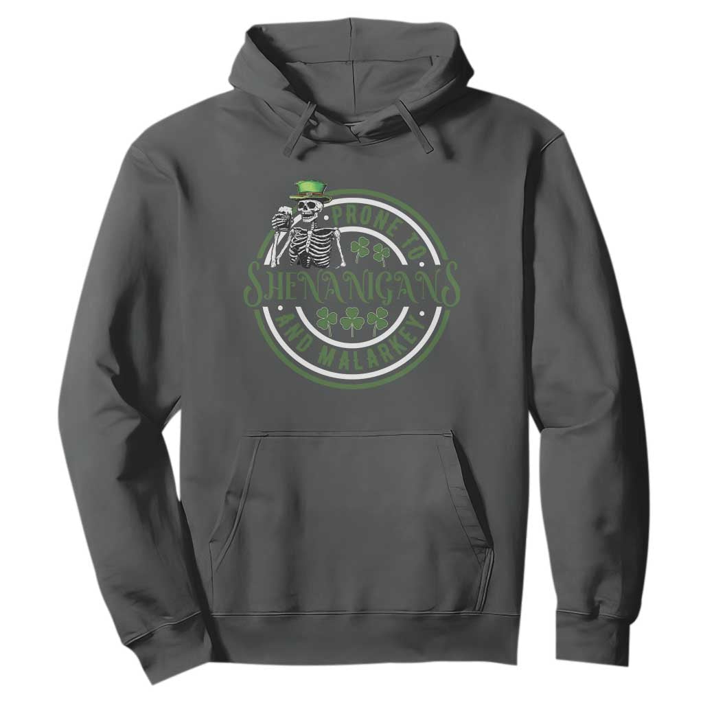 Funny Irish Prone To Shenanigans And Malarkey St Patrick's Day Hoodie Skeleton Beer Drinking TS11 Dark Heather Print Your Wear