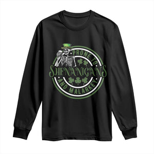 Funny Irish Prone To Shenanigans And Malarkey St Patrick's Day Long Sleeve Shirt Skeleton Beer Drinking TS11 Black Print Your Wear