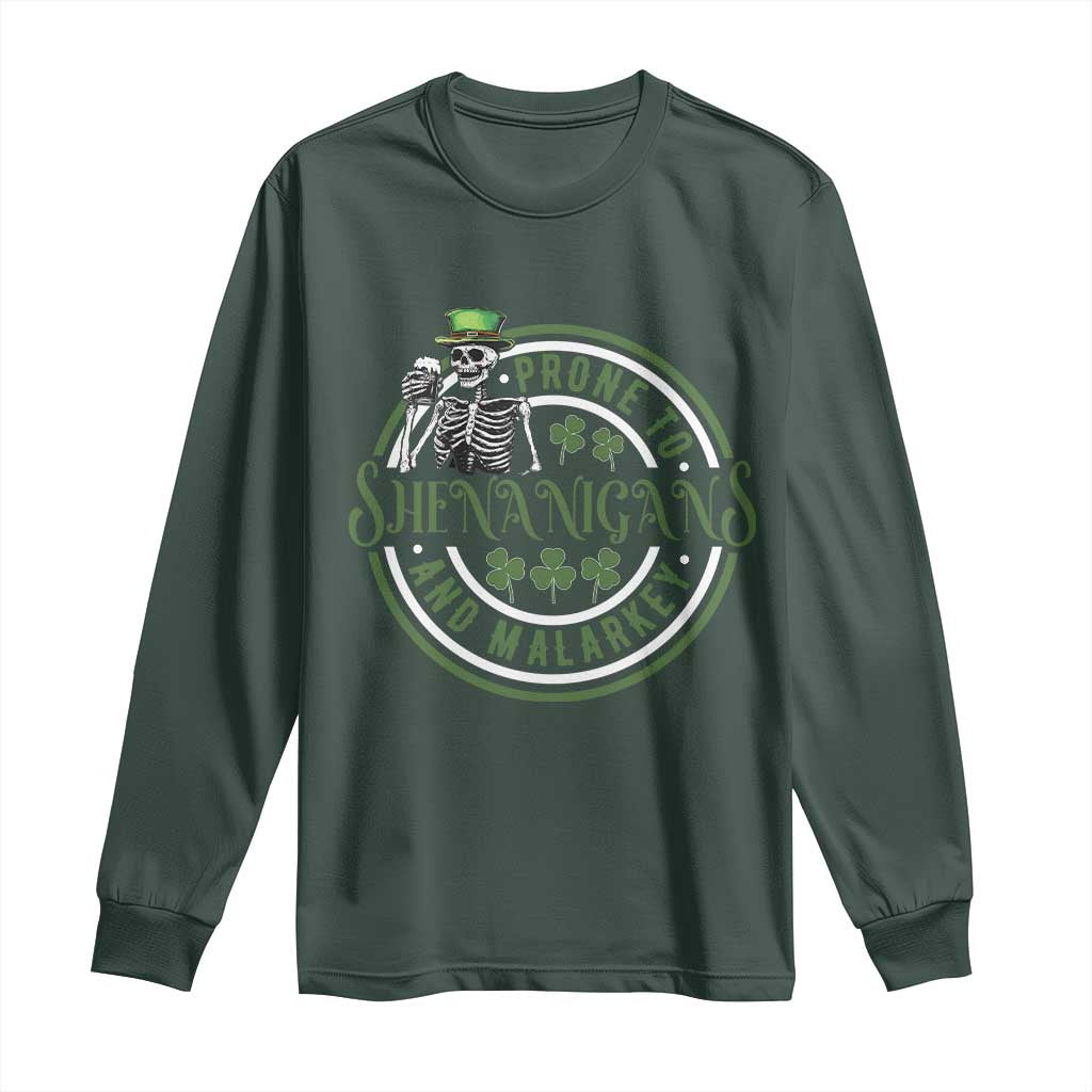 Funny Irish Prone To Shenanigans And Malarkey St Patrick's Day Long Sleeve Shirt Skeleton Beer Drinking TS11 Dark Forest Green Print Your Wear