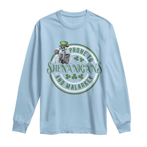 Funny Irish Prone To Shenanigans And Malarkey St Patrick's Day Long Sleeve Shirt Skeleton Beer Drinking TS11 Light Blue Print Your Wear