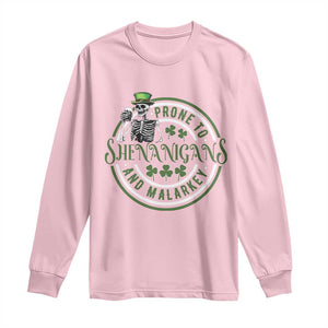 Funny Irish Prone To Shenanigans And Malarkey St Patrick's Day Long Sleeve Shirt Skeleton Beer Drinking TS11 Light Pink Print Your Wear