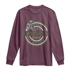 Funny Irish Prone To Shenanigans And Malarkey St Patrick's Day Long Sleeve Shirt Skeleton Beer Drinking TS11 Maroon Print Your Wear