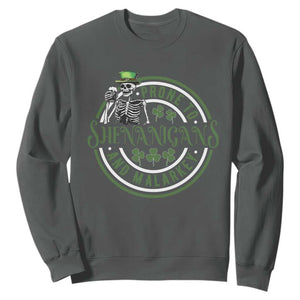 Funny Irish Prone To Shenanigans And Malarkey St Patrick's Day Sweatshirt Skeleton Beer Drinking TS11 Dark Heather Print Your Wear