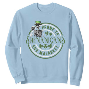 Funny Irish Prone To Shenanigans And Malarkey St Patrick's Day Sweatshirt Skeleton Beer Drinking TS11 Light Blue Print Your Wear