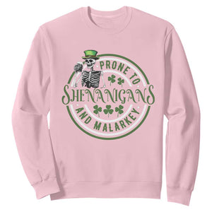 Funny Irish Prone To Shenanigans And Malarkey St Patrick's Day Sweatshirt Skeleton Beer Drinking TS11 Light Pink Print Your Wear