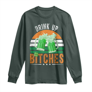 Funny St Patrick's Day Irish Beer Drinking Long Sleeve Shirt Drink Up Bitches Beer Mug TS11 Dark Forest Green Print Your Wear