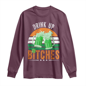 Funny St Patrick's Day Irish Beer Drinking Long Sleeve Shirt Drink Up Bitches Beer Mug TS11 Maroon Print Your Wear