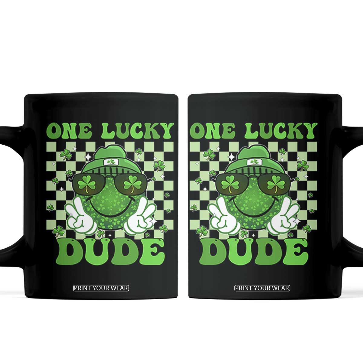 Funny One Lucky Dude St Patrick's Day Coffee Mug Checkerboard Shamrock TS11 Black Print Your Wear